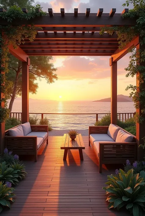 The image is a beautiful landscape photograph of a wooden deck overlooking the ocean at sunset. The deck is covered with a wooden pergola and has several comfortable sofas and tables arranged on it. The sun is setting in the background, casting a warm glow...