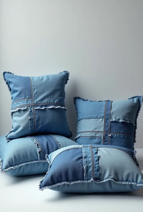 Create an image of 3 pillows with denim scraps 