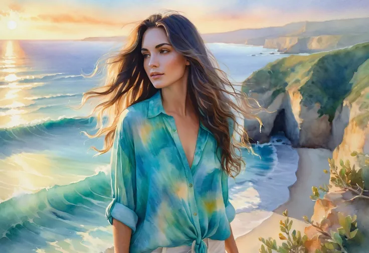 An impressionistic watercolor painting of a stunning brunette with long, wavy hair, wearing a beach holiday loose-fitting shirt, is standing on a cliff overlooking a turquoise ocean. The setting sun creates a dreamy, hazy atmosphere, casting a soft glow on...