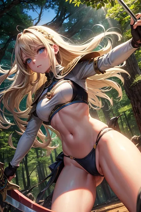 Draw Samantha, a blonde female character with waist-length hair and blue eyes. Wearing medieval armor and a sword made of the water element. Samanta is striking a blow with her sword, sending a blast of water over her enemy.. view from the front. Forest sc...