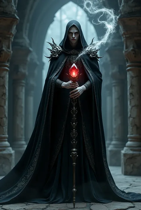 A dark and menacing vampire sorcerer standing, wearing a long, flowing black cloak with intricate silver patterns. His face is pale with sharp features, glowing red eyes. He holds an ancient staff topped with a glowing crystal, surrounded by swirling magic...