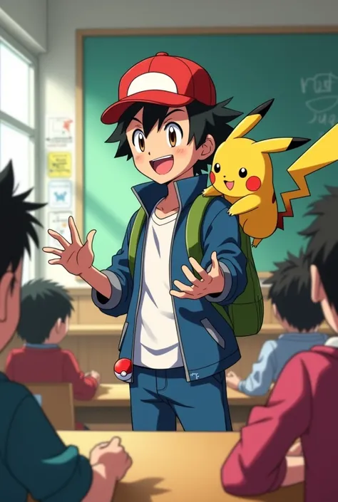 Boy Ash from the pokemon anime giving a class