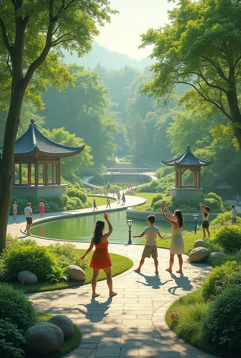 Create a park with exercise sounds that create an atmosphere of peace and tranquility