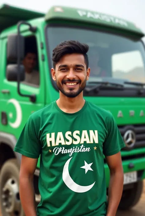  person worn Pakistan T-shirt with name Hassan of Pakistan with up to green truck 