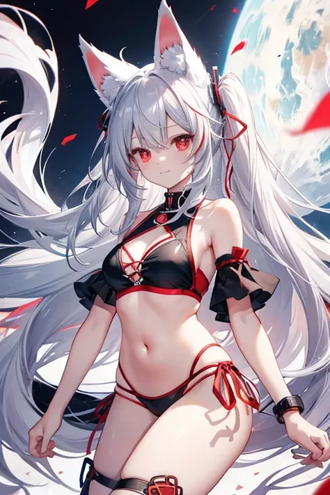 Long Hair, Red eyes, Fox Ears, Attention to detail, Silver Hair, Both sides up, Animal ears , happiness/joy, anime, bikini　Leg spread