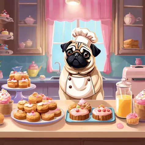 A scene where a baking pug is making sweets such as cakes and cookies in the kitchen。Take freshly baked goods out of the oven、It&#39;s impressive to see them enjoying the decorations.。