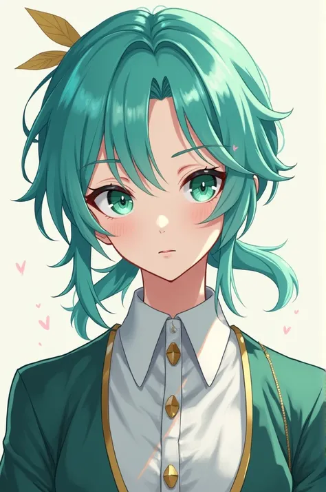 Her turquoise hair was tied back、The right eye is dark green and the left eye is light green.、Draw a servant boy with androgynous features in an anime style.