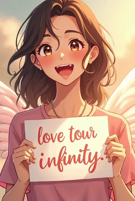 a beautiful and cute woman holding up a sign "i love infinity", joyful, happy, anime illustration, photorealistic, oil painting Rich Hero Go Bella Ekonomi Girl And Ekonomi Goddess Girl Wing Rich Hero Go Liam Boy UFO And Liam Boy UFO