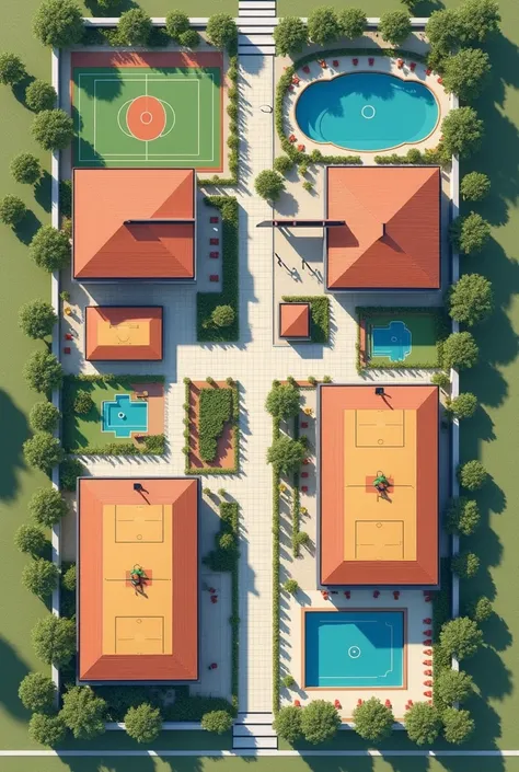 Create a photo of a private school floor plan, with three courts, one of which is covered, a volleyball court and a football court. The school must have two swimming pools, one of which is covered, and an open field for lunch.. Closed patio for feeding 