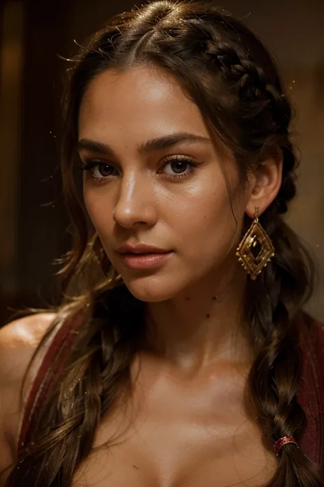 a beautiful woman with long brown braided hair, crystal earrings, jewelry, high ponytail, nude, sexy, intricate detailed portrait, realistic, photorealistic, 8k, best quality, masterpiece, extremely detailed facial features, extremely detailed eyes, detail...