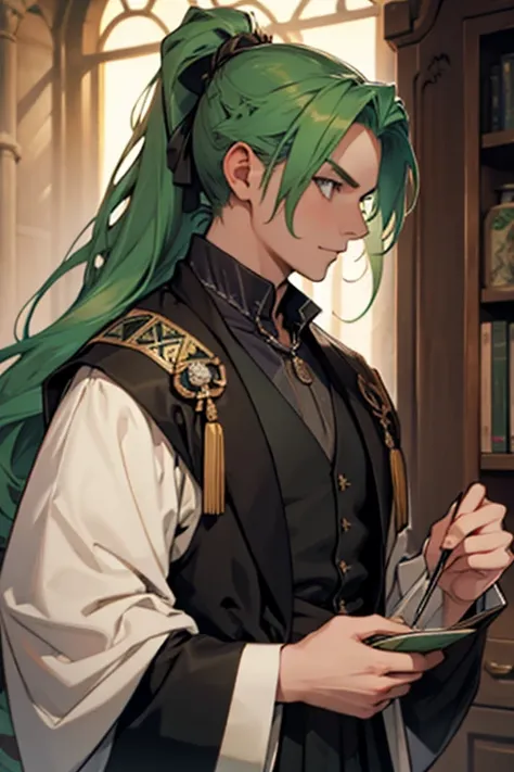 Green Hair、ponytail、Medieval European aristocrat in a black suit、