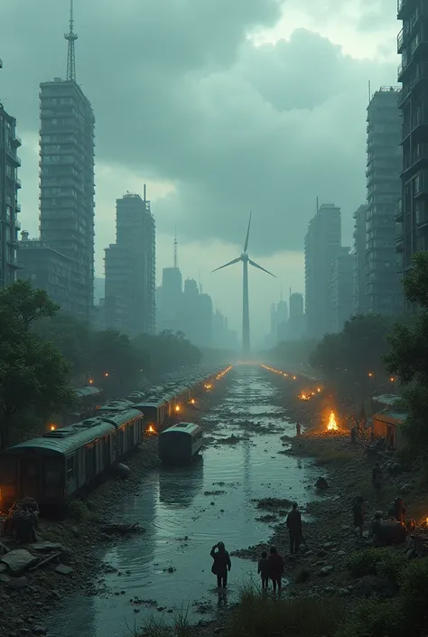 Panorama of a big city, in which the social ecological transformation has failed and which is suffering from climate change with floods and broken wind turbines and trains and people living in cars and making campfires on the street 