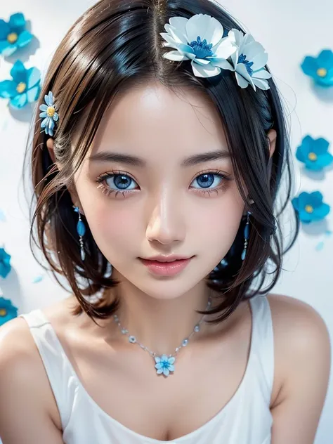 8k,Confused, High resolution, Very detailed, 1 person, alone, Very beautiful eyes, Ultra-precise depiction, artistic、Very detailed depiction, (Tangled:1.2), , (White high key background:1.5), (((White dress with blue flower pattern 1.5))), 、 short hair、Loo...