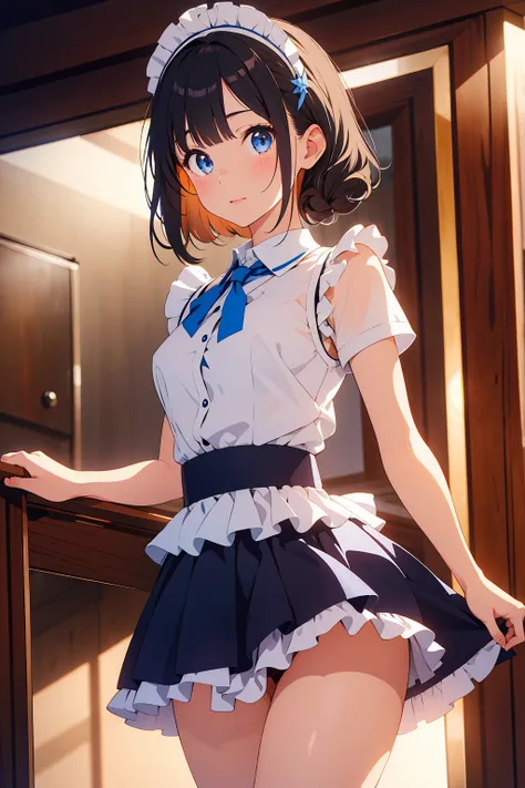 (masterpiece, Highest quality,Perfect lighting),Black Hair,blue eyes,cute,maid,mini skirt,Thighs,