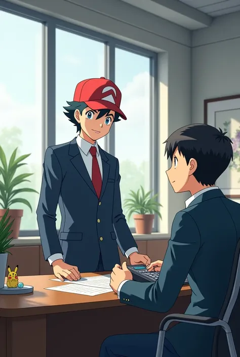 Boy Ash from the Pokemon anime working in an accounting office serving someone 