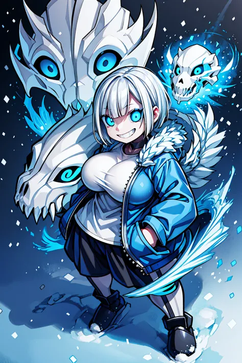 sans blue jacket black shirt fire eyes skull smile long eyelashes white short hair glowing face blue dragon skull cannon standin...