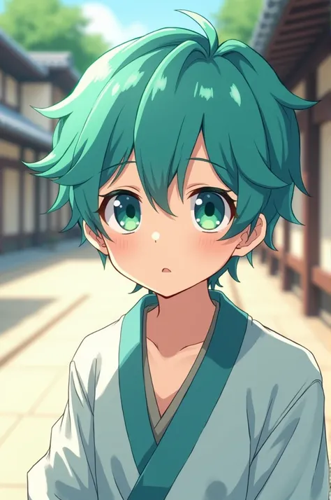 Turquoise hair、He has heterochromatic eyes, with a dark green right eye and a light green left eye.、Draw a servant boy with slanted eyes in anime style