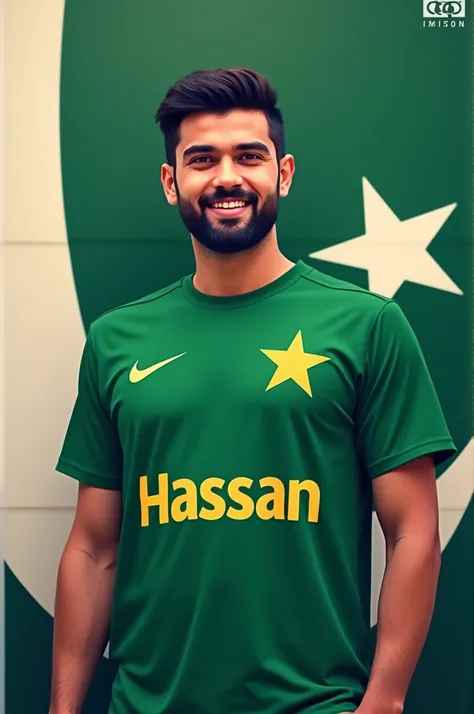 A person worn Pakistan T-shirt with name Hassan of Pakistan green T-shirt and with Pakistan flag 