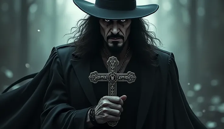 an image of ((the undertaker:1.4)) with a cross in his hand, slash page, album, hq artwork, hd artwork, artwork, art cover