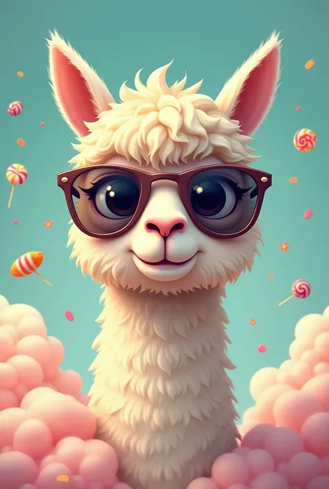 Cute alpaca head,comic,dreamy,Clouds,candys,sunglasses, mystic,fog,black