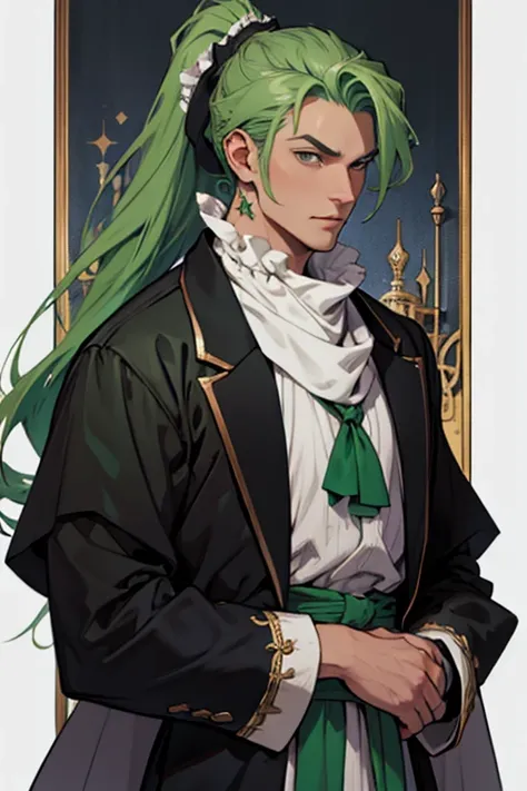 Green Hair、ponytail、Medieval European aristocrat in a black suit、White frilly neckerchief