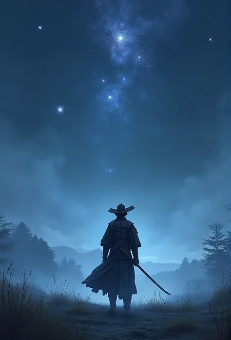 The samurai holds a katana, Starry skies and mist shroud the landscape.