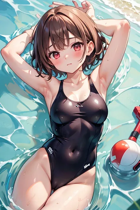 1girl, solo, breasts, looking at viewer, blush, short hair, bangs, brown hair, red eyes, navel, swimsuit, lying, on back, armpits, arms up, one-piece swimsuit, light brown hair, alternate breast size, white one-piece swimsuit, lactation, armpit hair