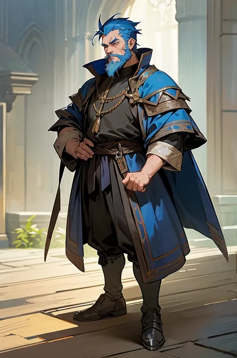 1male, adult, beard, blue hair, blue beard, short spikey hair, guild master clothing, strong, medieval clothing, guild hall background, detailed background, standing on path, crossing arms, age lines