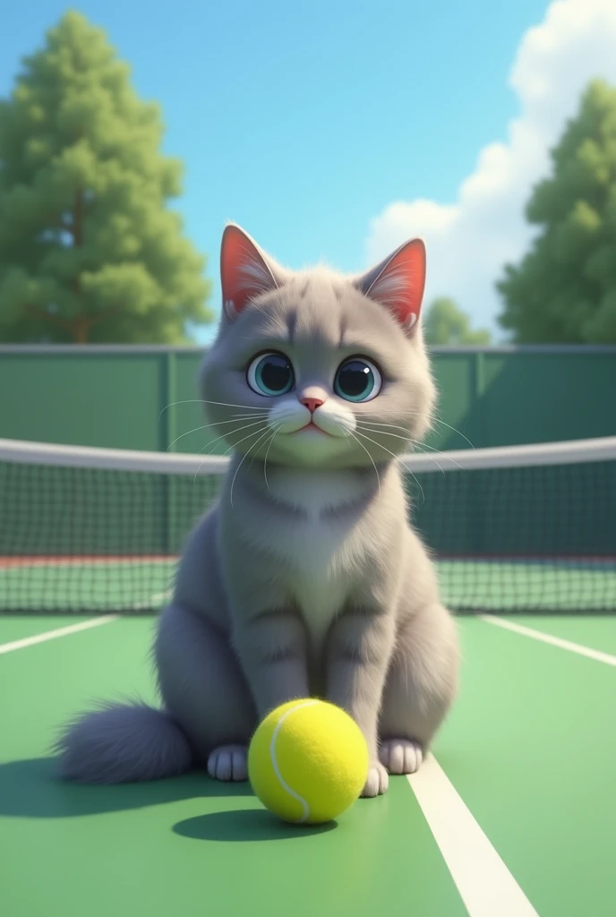 A gray cat touching a tennis ball rolling on a tennis court