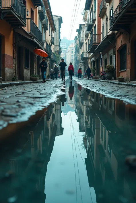 A low-angle urban scene with a narrow cobblestone street in a small town or village, where people walk between buildings with stores on either side. On the ground, there is a very long puddle with crystal-clear water, as reflective as a mirror, revealing a...