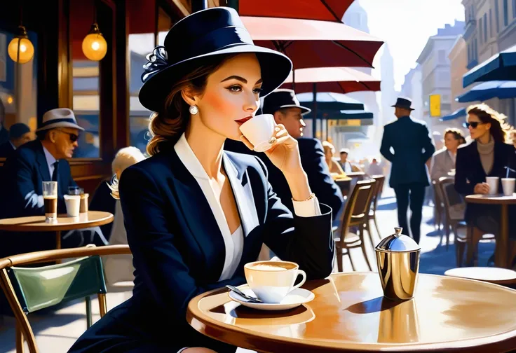 deep stroke oil painting of A chic woman, elegantly attired in the latest fashion trends, gracefully seated at a bustling sidewalk café, savoring a steaming cup of coffee. The scene is bathed in the soft, dramatic interplay of natural light and shadows, cr...