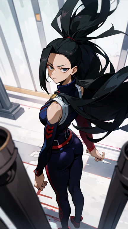 Artwork, best quality, yaoyorozu momo, 1 girl, close up, eyes black, Bblack hair,  hypercauda, long hair, hair pulled back, , standing alone, looking ahead at viewer, with huge ass