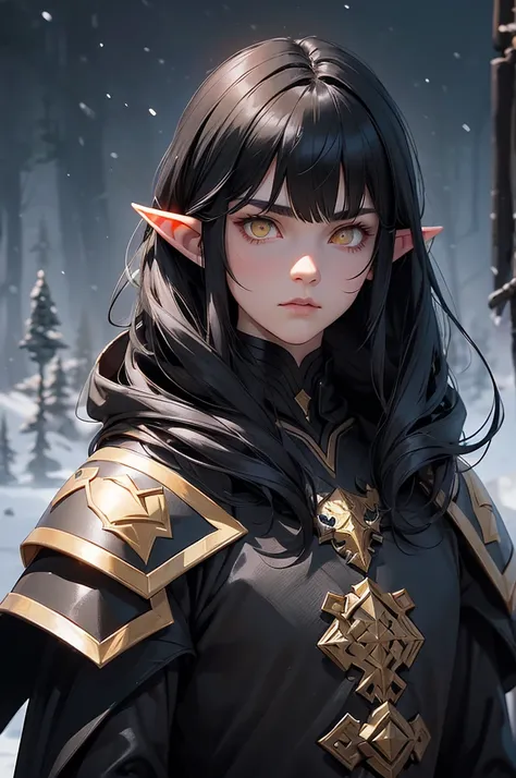 Man, black armor. black cloak. black hair, Parted bangs. yellow eyes. elf ears, winter background, stern looks, males, mid length hairMan, black armor. black cloak. black hair, Parted bangs. yellow eyes. elf ears, winter background, stern looks, males, mid...