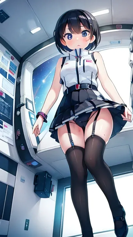 (Highest quality), (masterpiece), 1080P, High resolution, 4K, 8k, Inside the space station、Futuristic room、Thigh straps, Shooting from directly below, The woman on top of me, 白いSweat, Covered , Sweat, Woman looking down, Skirt swimsuit, Thigh-high socks, T...