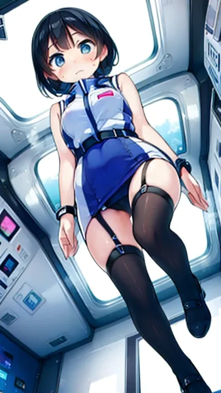 (Highest quality), (masterpiece), 1080P, High resolution, 4K, 8k, Inside the space station、Futuristic room、Thigh straps, Shooting from directly below, The woman on top of me, 白いSweat, Covered , Sweat, Woman looking down, Skirt swimsuit, Thigh-high socks, T...