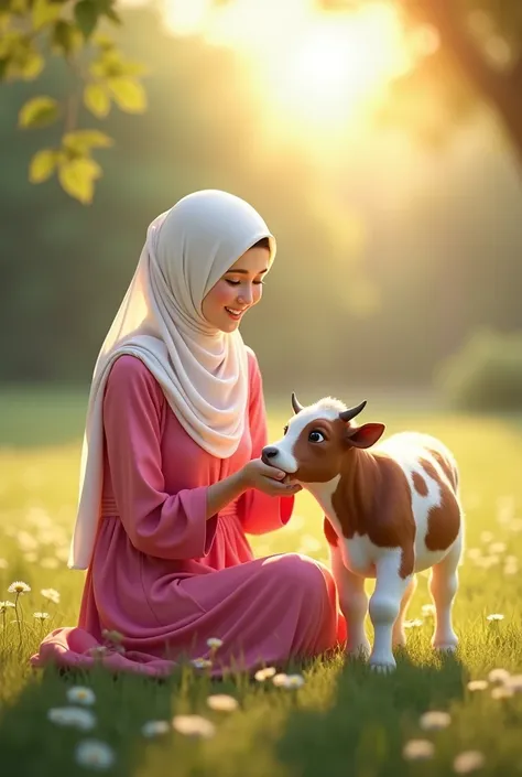 A muslim women wore pink dress and white hijab. Smiling and playing with an little cow with a sunlight 