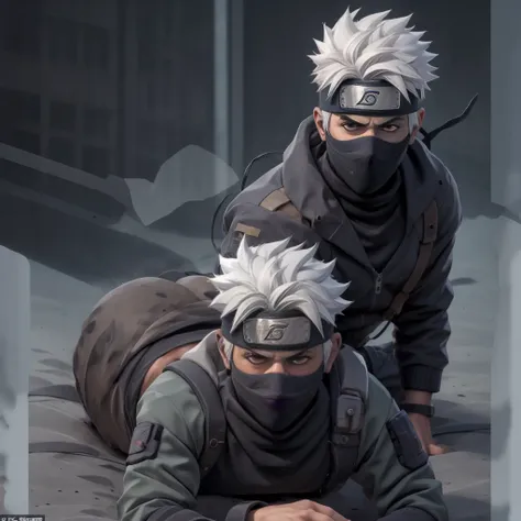 sexy, kakashi, white hair, eyepatch, black sweater, turtleneck sweater, military pants, gadget bellt, broad shoulders, assfrontview, 1boy, (ass:1.2), solo, looking at viewer, lying, on stomach, crawling, walkie-talkie, ventilation shaft, squeezed, going to...