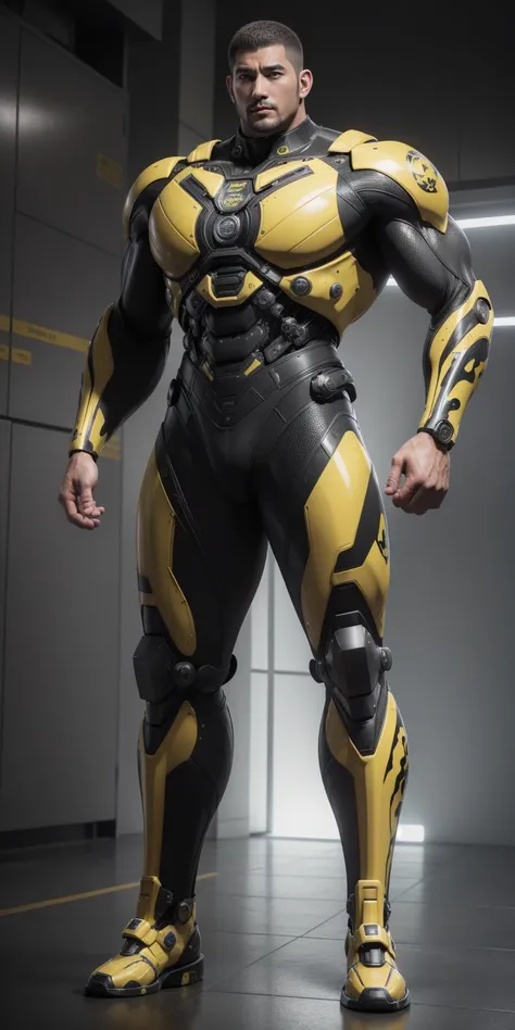 Tall giant muscular police officer，Buzz Cut，Very long legs，Yellow and black camouflage patterned nano mecha，Honeycomb pattern，Lightweight texture，Character Concept（Resident Evil - Chris Redfield，Chris Redfield）senior police officer，Small grid texture，Regul...