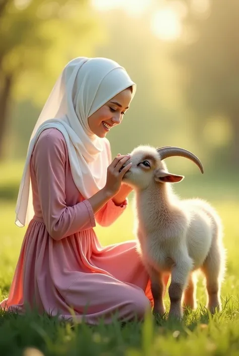 A muslim women wore pink dress and white hijab. Smiling and playing with an little goat with a sunlight 