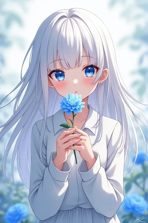 White hair girl holding a blue flower anime style