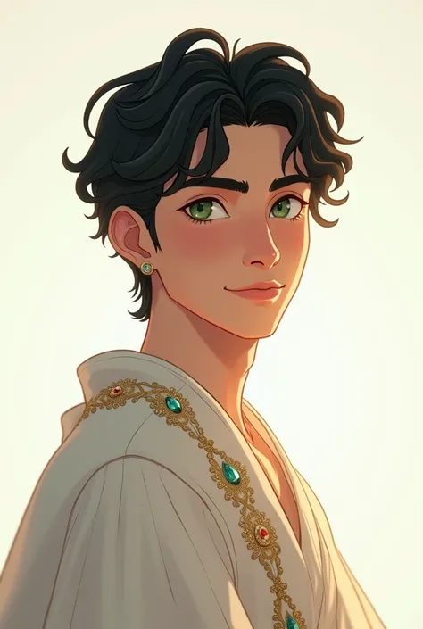 black hair, light green eyes, Man in his 20s, portrait, Dressed in white and wearing jewels, Sacredness, White, soft skin, animated movie