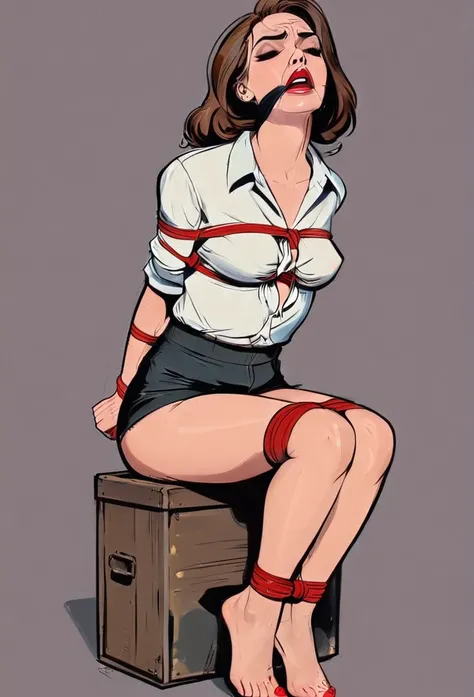 secretaria sexy con estilo pop art, plano entero, La protagonista es Lola, a flawless looking woman with brown hair, expressive brown-lined eyes and intense red lips. Viste un uniforme de secretaria con una falda ajustada y corta de color rojo y una camisa...