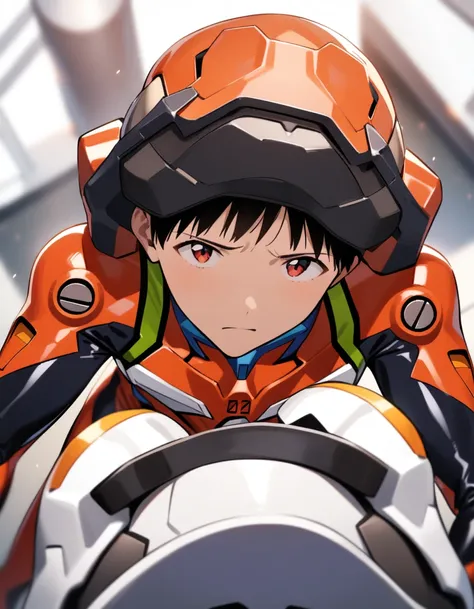 masterpiece, best quality, very aesthetic, absurdres,1boy, male focus, ikari shinji, neon genesis evangelion,plugsuit, pilot suit,looking at viewer, mech pilot helmet, on top of shinji head,