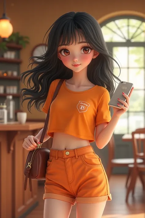 I want a girl who has cute and adorable face wearing short skirt and Orange crop top . She has wave hair black colour and her skin is rather white. He hold a phone and pose like a child holding a small bag at coffee shop. 