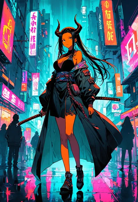 score_9, score_8_up, score_7_up, cyberpunk, whole body, (Orange skin:1.3) Dark black hair, Very long hair,,They are, Horn, (Large Breasts:1.2) , kimono, katana, (Muskyla:0.9), tall woman