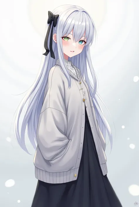 Silver Hair　Black Ribbon　sweater　Long skirt　Anime Style　Short Hair　Odd Eye