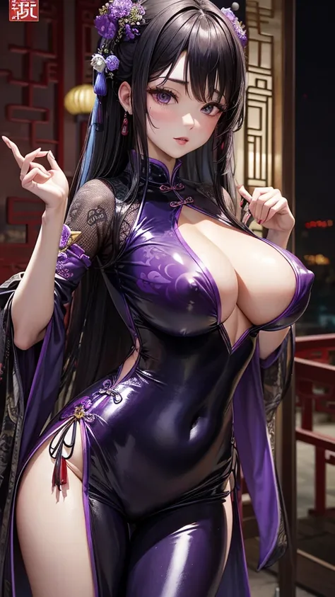 A see-through latex Chinese dress that is tight around the chest and shows off the nipples with a purple glossy obscene pattern.、Big Breasts、chinese style architectural background、Tattoo