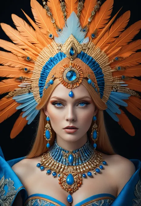 beautiful empress portrait, orange blonde hair, perfect blue eyes, good, eye-catching, massive headdress with delicate details, ...