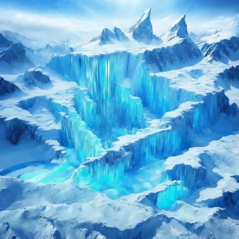 (masterpiece, highest quality, realistic, beautifully、aesthetic:1.3), ice, unmanned, frozen earth、 ice mountain, from above、snow...