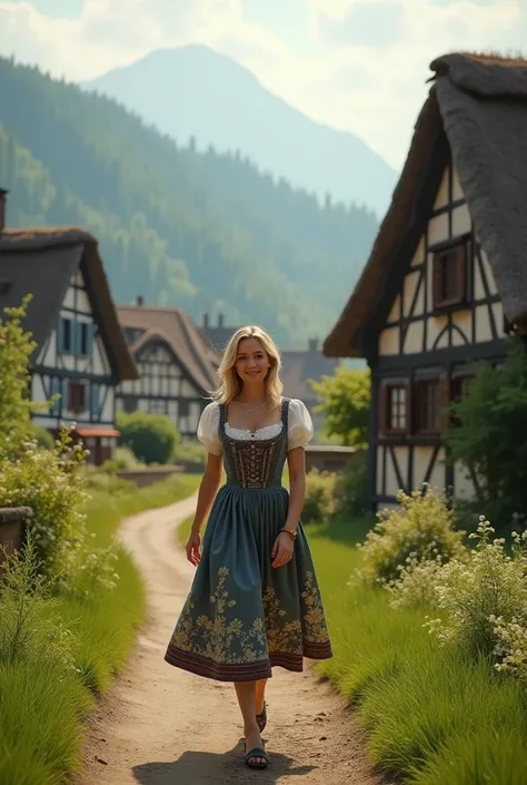 work of art,highest quallity,(Unity 8k Ultra High Definition CG Wallpaper),(highest quallity), a German woman walking through the picturesque landscape of a village. She wears a traditional costume, like an elegant dirndl with subtle floral prints. Ao fund...